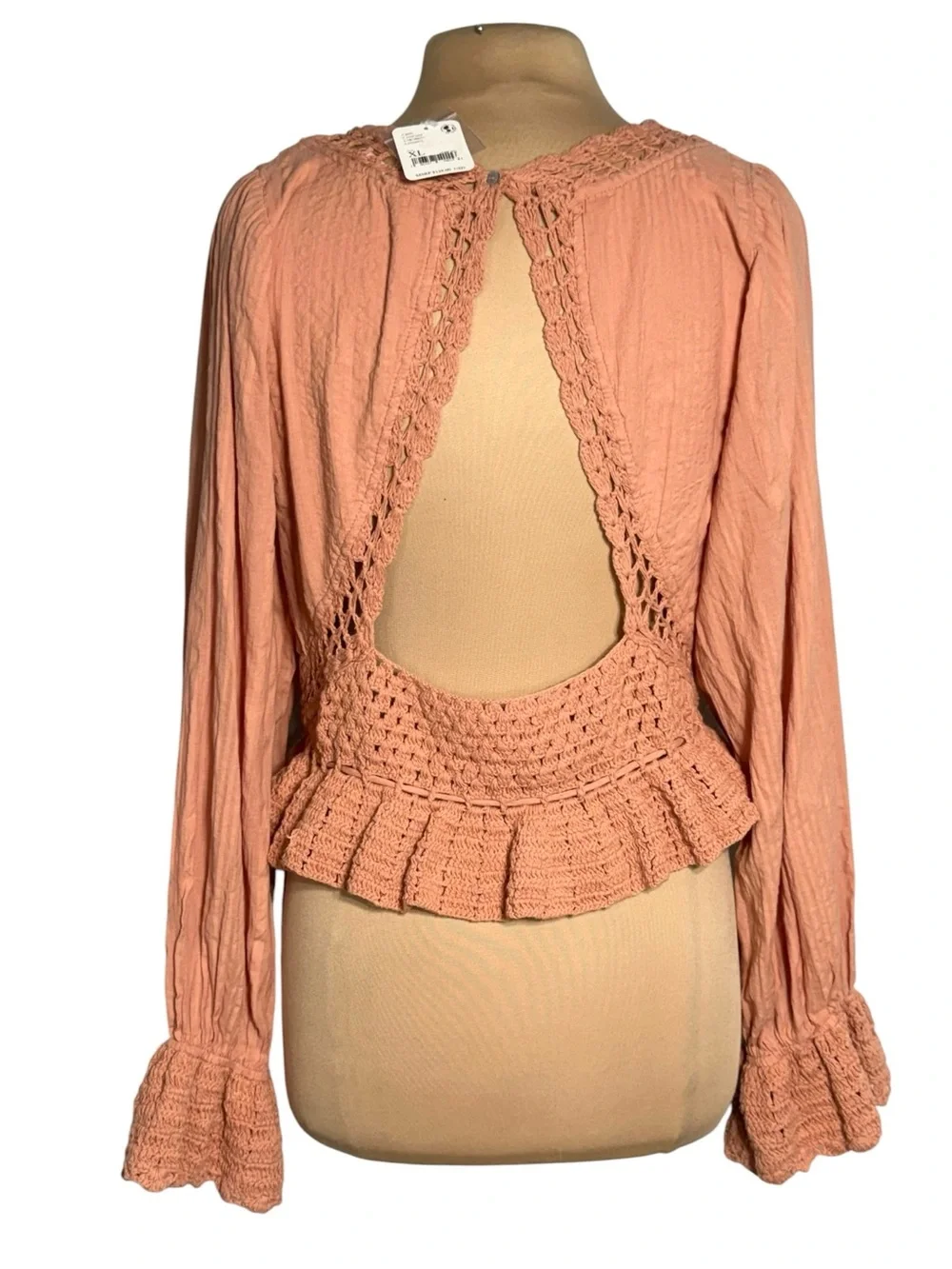 NWT Free People Megan Crochet Peplum Top Coral Sand Boho XL